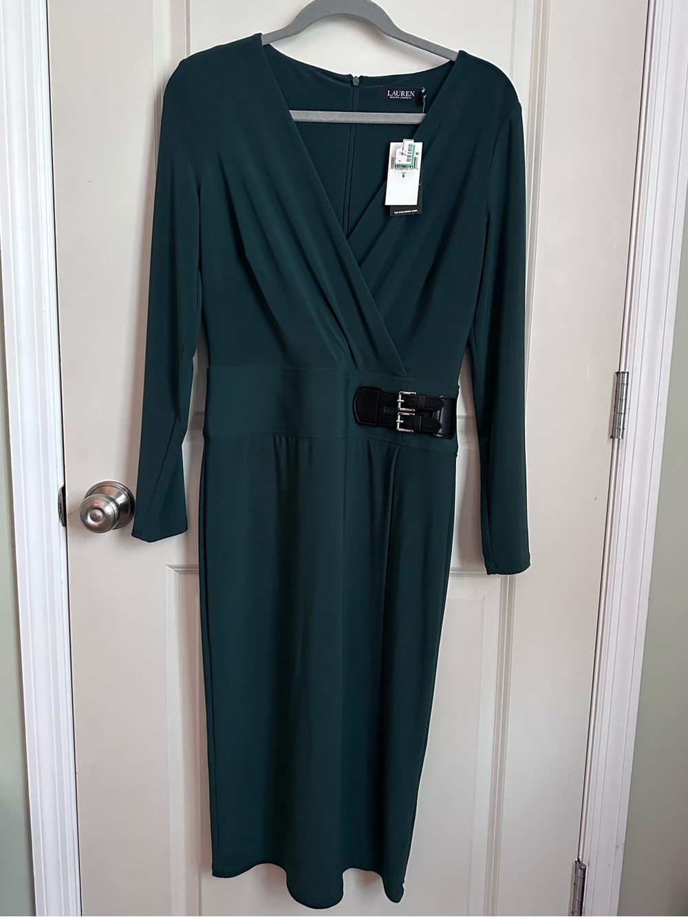 Ralph Lauren Forest Green Long-Sleeve Wrap-Style Belted Dress NET